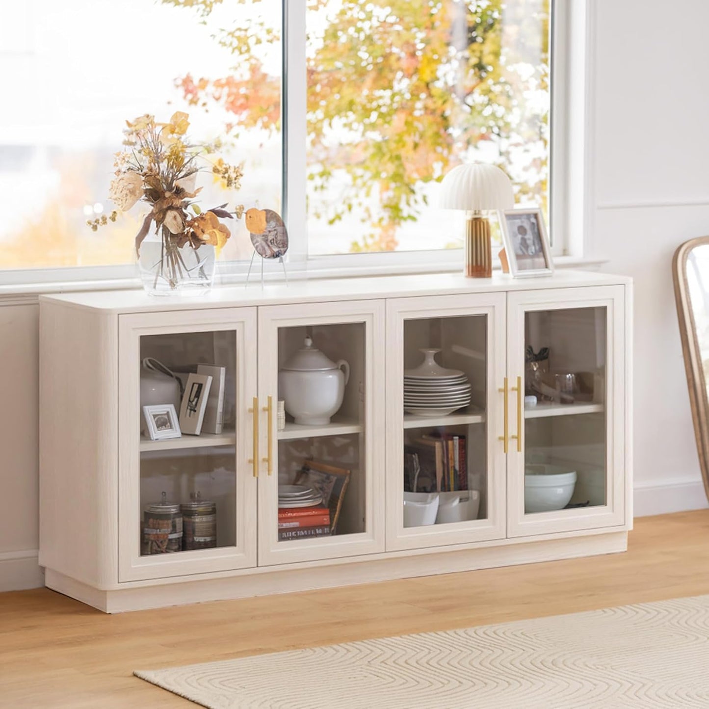 Buffet Cabinet with Storage,63" Large Dining Room Furniture Sideboard Buffet Table with 4 Glass Doors, Glass Display Cabinet,for Kitchen,Modern, Black