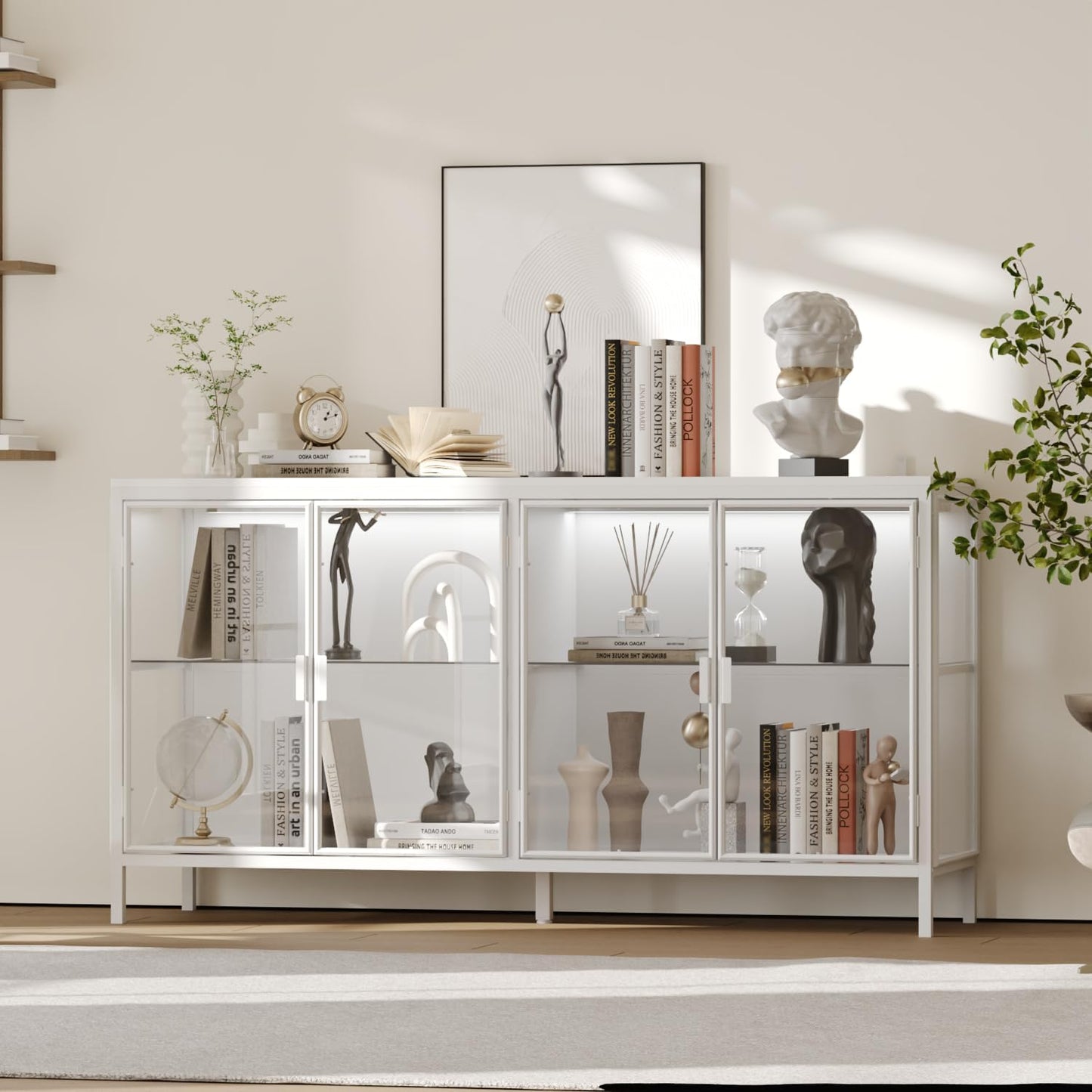 AIEGLE Sideboard Buffet Cabinet with LED Light, Glass Doors & Storage Shelves, 55" W Modern Wood Grain Display Storage Cabinet with Metal Frame for Living Room, Black