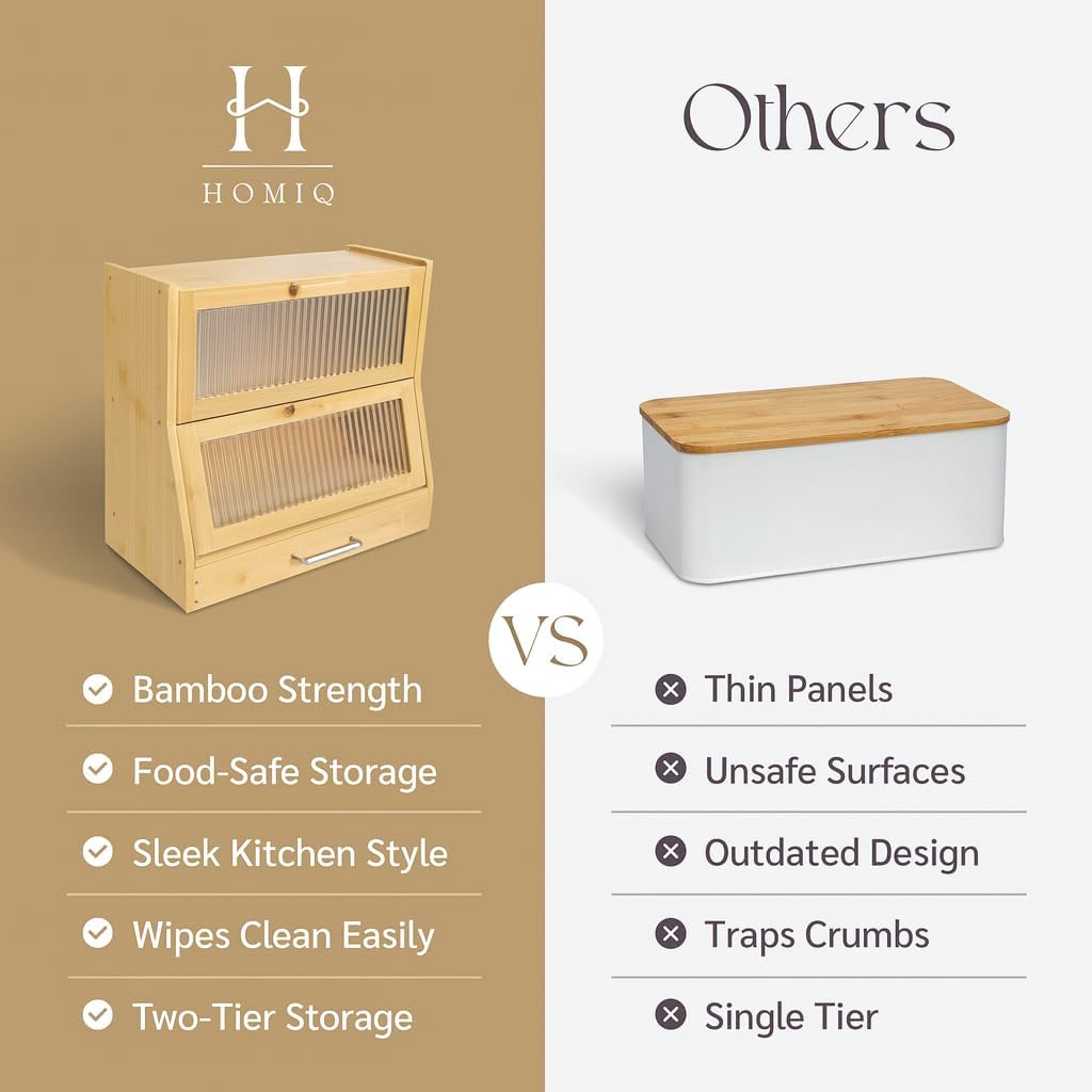 Bread Box for Kitchen Countertop - Bamboo Wood Breadbox with Knife Storage, Ventilation Holes - Farmhouse Loaf Organizer, Versatile 2 Layer Bread Storage Container for Snacks Mugs Spices