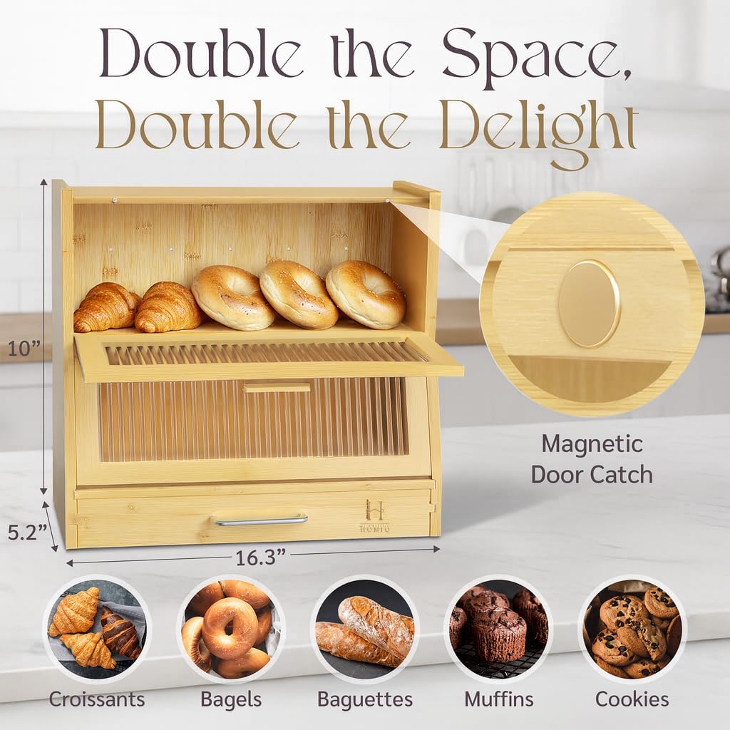 Bread Box for Kitchen Countertop - Bamboo Wood Breadbox with Knife Storage, Ventilation Holes - Farmhouse Loaf Organizer, Versatile 2 Layer Bread Storage Container for Snacks Mugs Spices