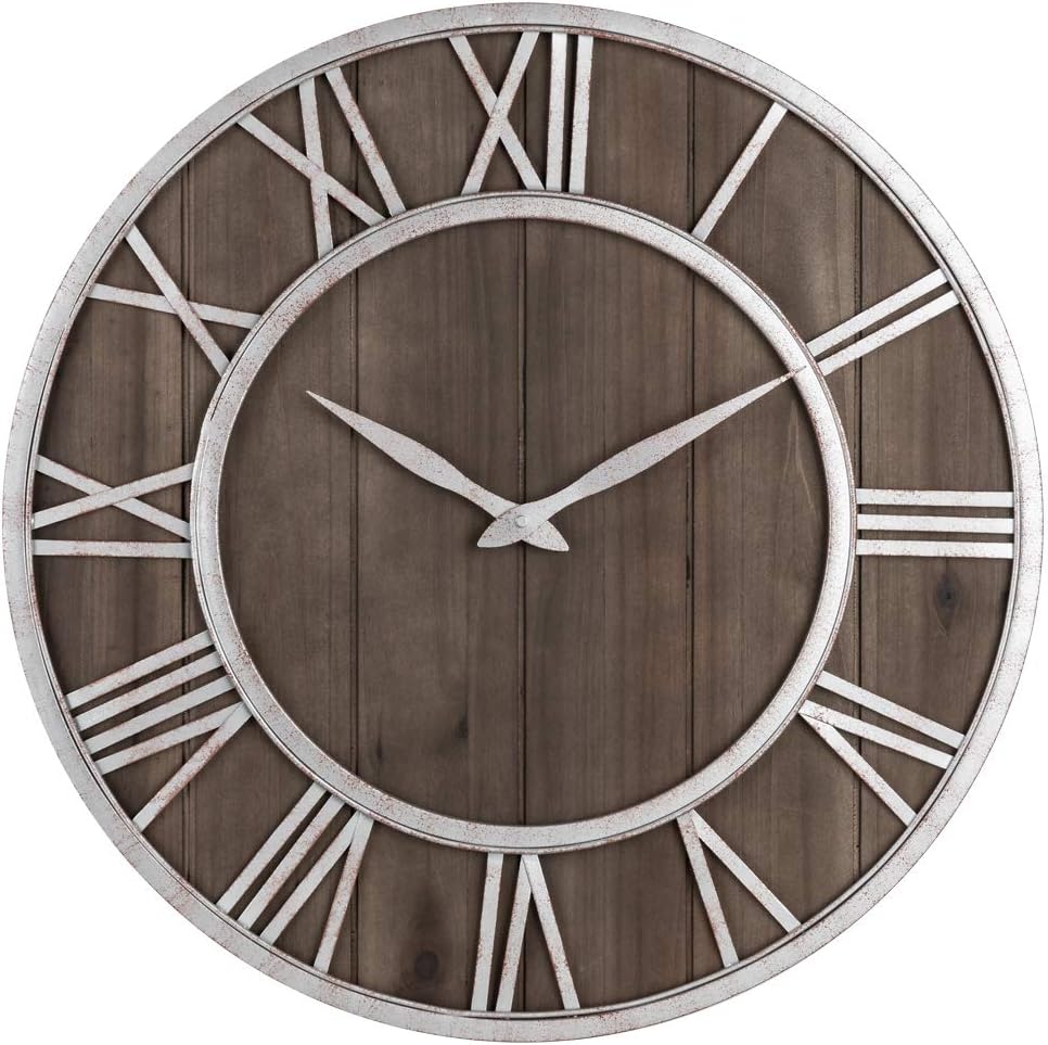 Oldtown Rustic Farmhouse Metal & Solid Wood Noiseless Wall Clock (Wood, 30-inch)