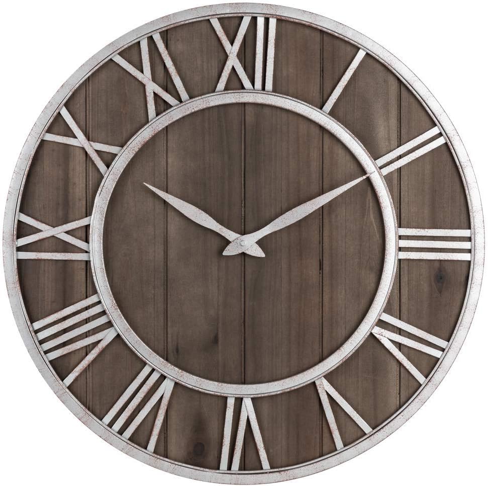 Oldtown Rustic Farmhouse Metal & Solid Wood Noiseless Wall Clock (Wood, 30-inch)