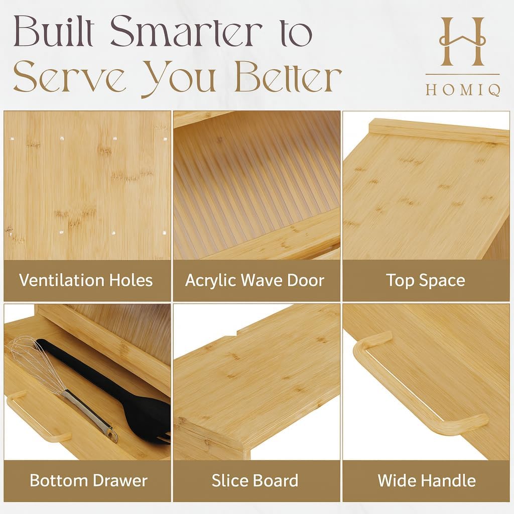 Bread Box for Kitchen Countertop - Bamboo Wood Breadbox with Knife Storage, Ventilation Holes - Farmhouse Loaf Organizer, Versatile 2 Layer Bread Storage Container for Snacks Mugs Spices