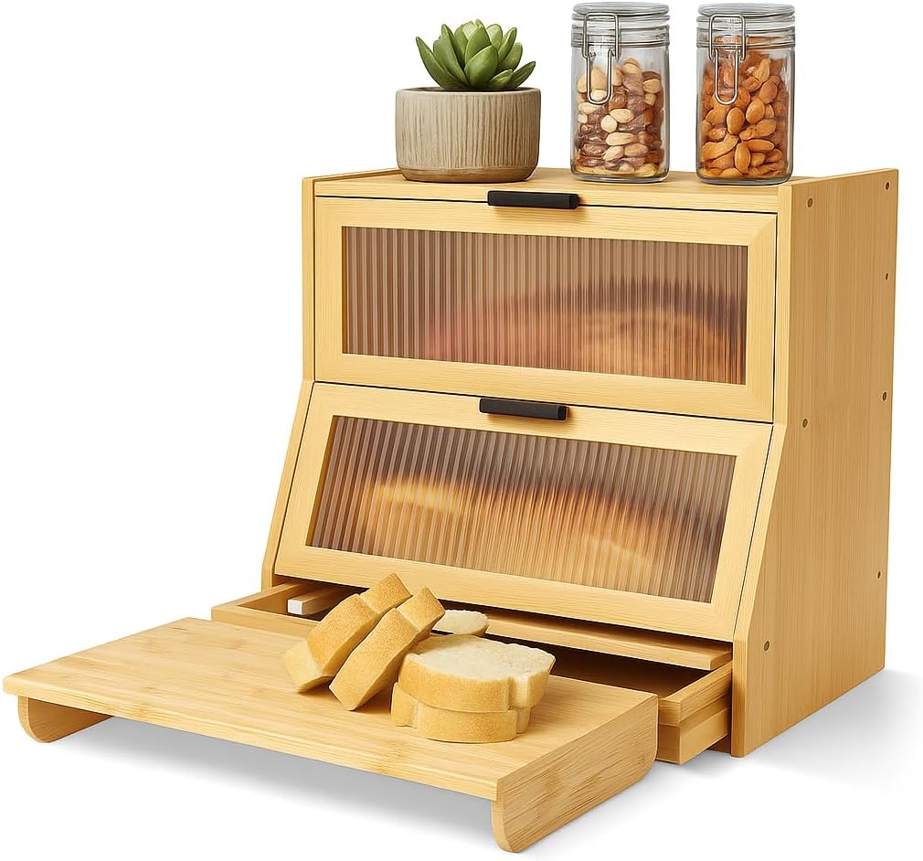Bread Box for Kitchen Countertop - Bamboo Wood Breadbox with Knife Storage, Ventilation Holes - Farmhouse Loaf Organizer, Versatile 2 Layer Bread Storage Container for Snacks Mugs Spices