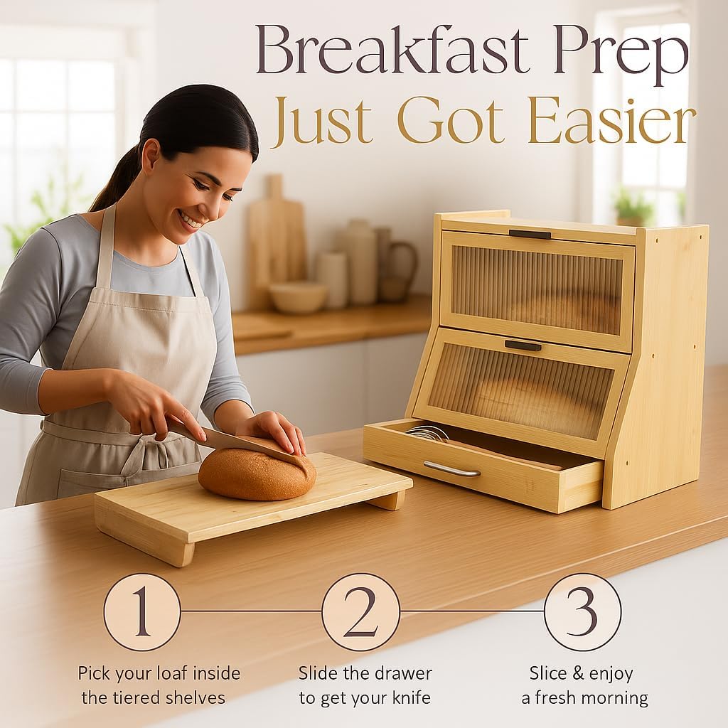 Bread Box for Kitchen Countertop - Bamboo Wood Breadbox with Knife Storage, Ventilation Holes - Farmhouse Loaf Organizer, Versatile 2 Layer Bread Storage Container for Snacks Mugs Spices