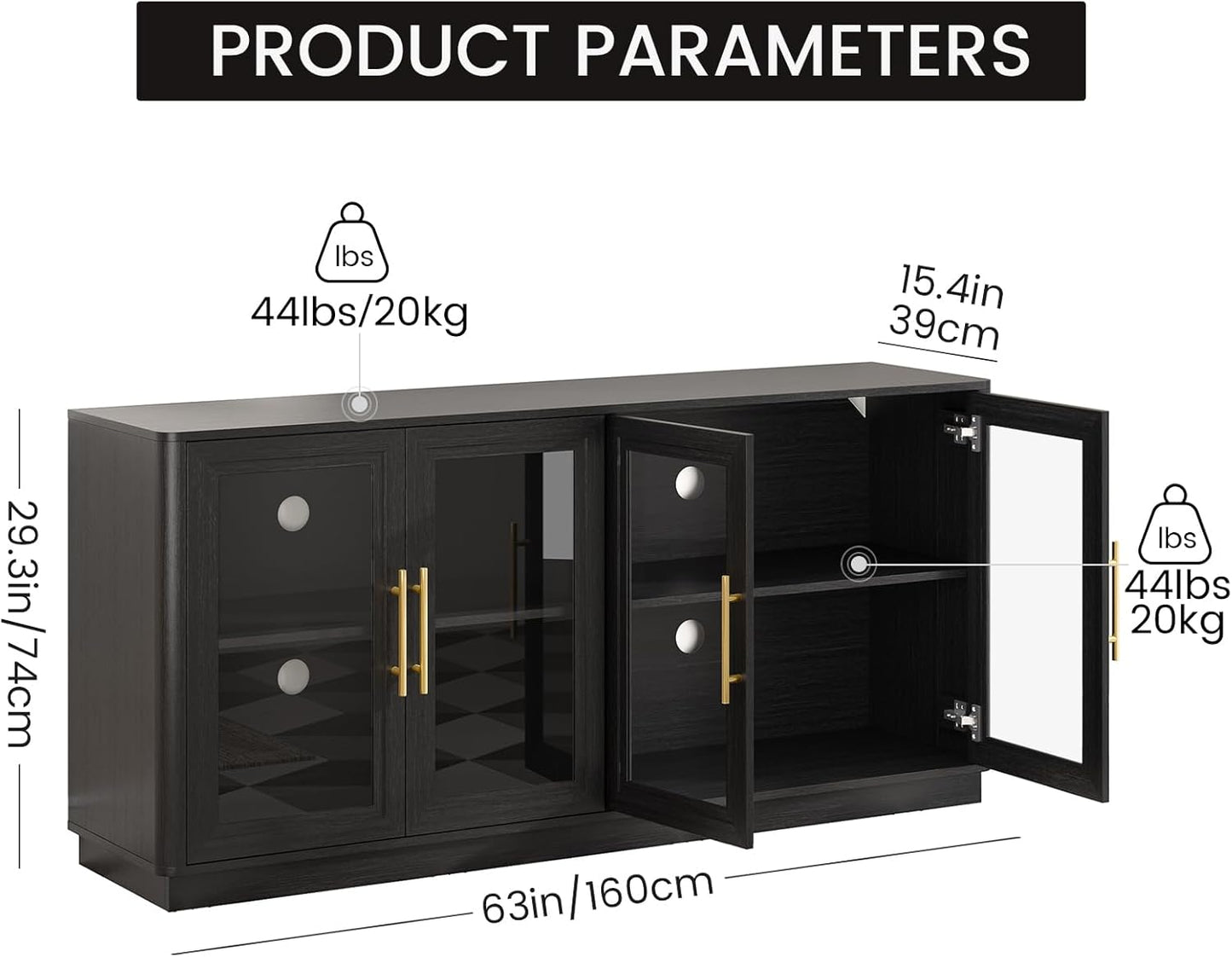 Buffet Cabinet with Storage,63" Large Dining Room Furniture Sideboard Buffet Table with 4 Glass Doors, Glass Display Cabinet,for Kitchen,Modern, Black