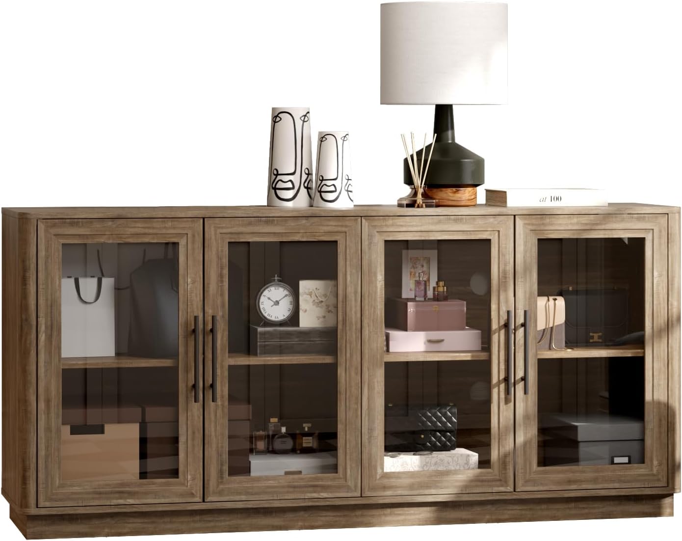 Buffet Cabinet with Storage,63" Large Dining Room Furniture Sideboard Buffet Table with 4 Glass Doors, Glass Display Cabinet,for Kitchen,Modern, Black