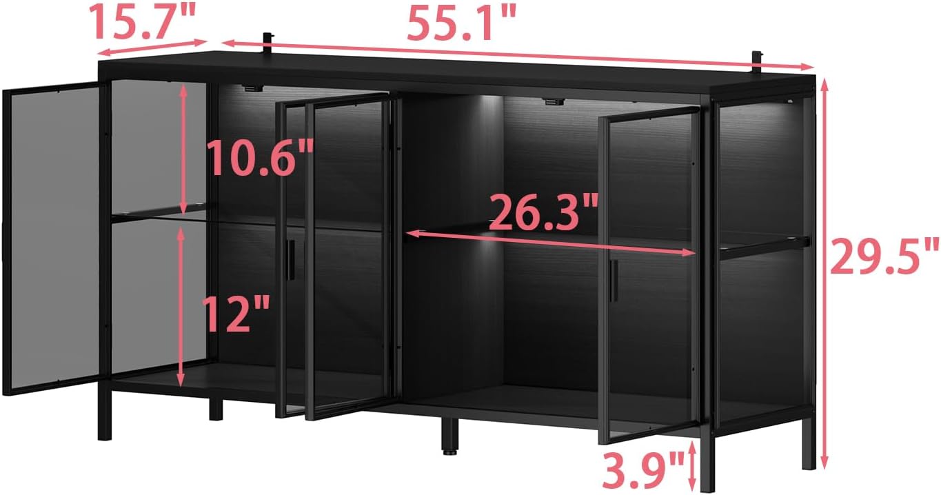 AIEGLE Sideboard Buffet Cabinet with LED Light, Glass Doors & Storage Shelves, 55" W Modern Wood Grain Display Storage Cabinet with Metal Frame for Living Room, Black