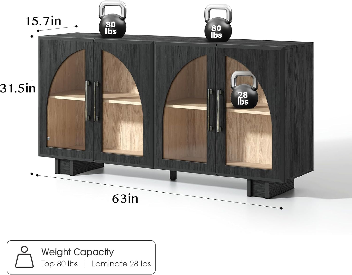 Sideboard Buffet Cabinet with Storage, 63" Large Arched Cabinet with Glass Doors, Mid Century Modern Buffet Table, Black Side Board for Living Room, Entryway, Kitchen