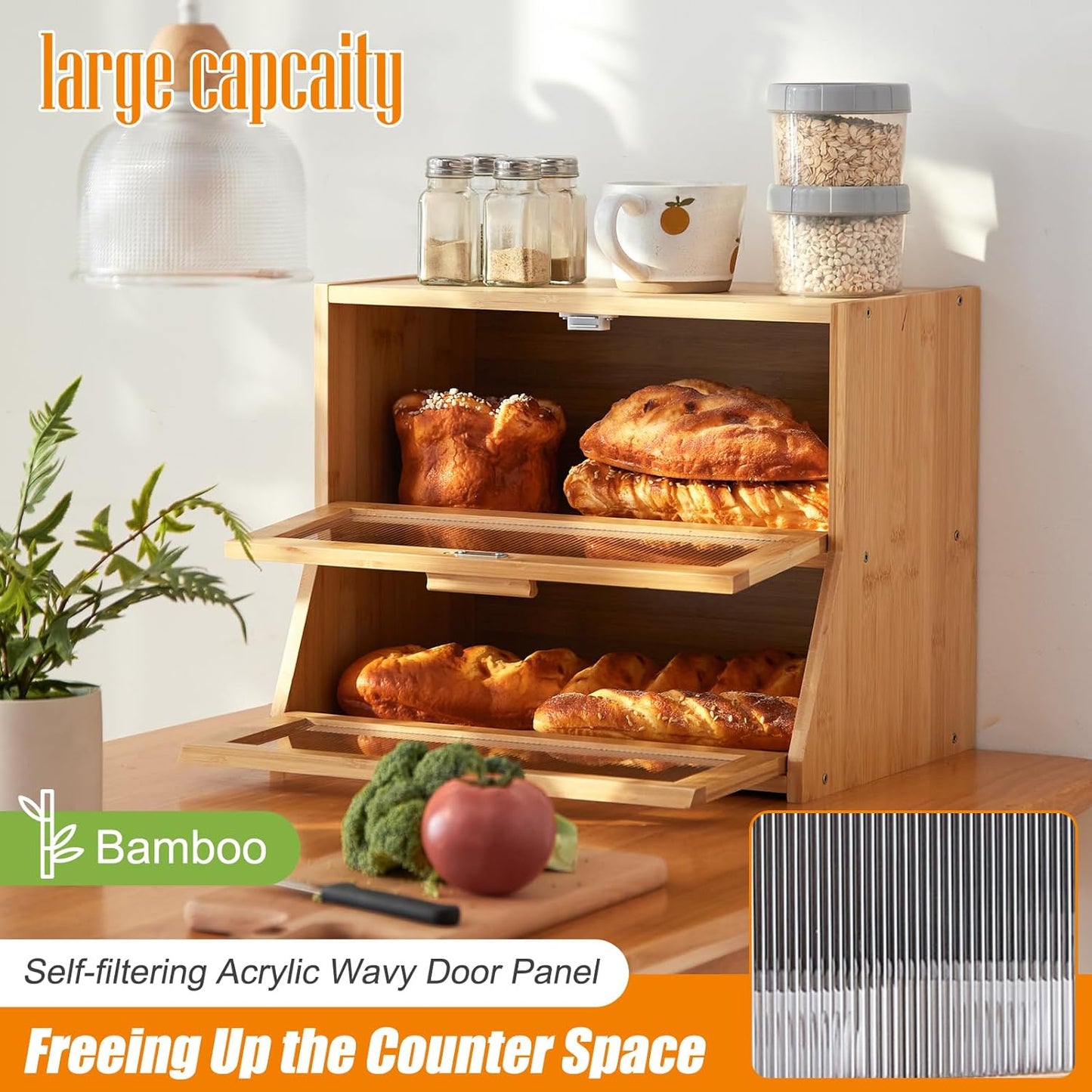 GHWIE Double Layer Bamboo Bread Box for Kitchen Counter,Large Capacity Bread Storage Bin,Bread Container with Acrylic Wavy Door Panel (Natural, Medium)