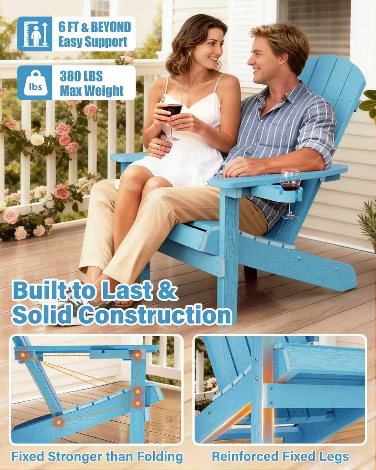 YEFU Adirondack Chairs Set of 2 Plastic Weather Resistant, Outdoor Chairs with Cup Holder, Like Real Wood, Widely Used in Outdoor, Patio, Fire Pit, Deck, Outside, Campfire Chairs (Blue)