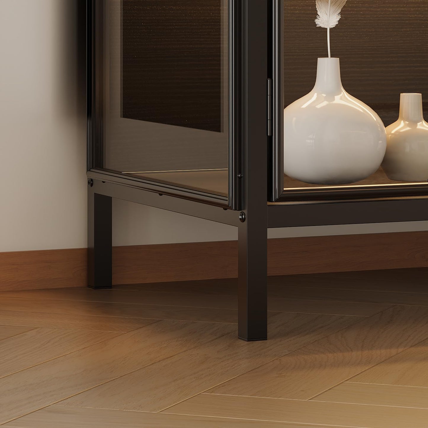 AIEGLE Sideboard Buffet Cabinet with LED Light, Glass Doors & Storage Shelves, 55" W Modern Wood Grain Display Storage Cabinet with Metal Frame for Living Room, Black