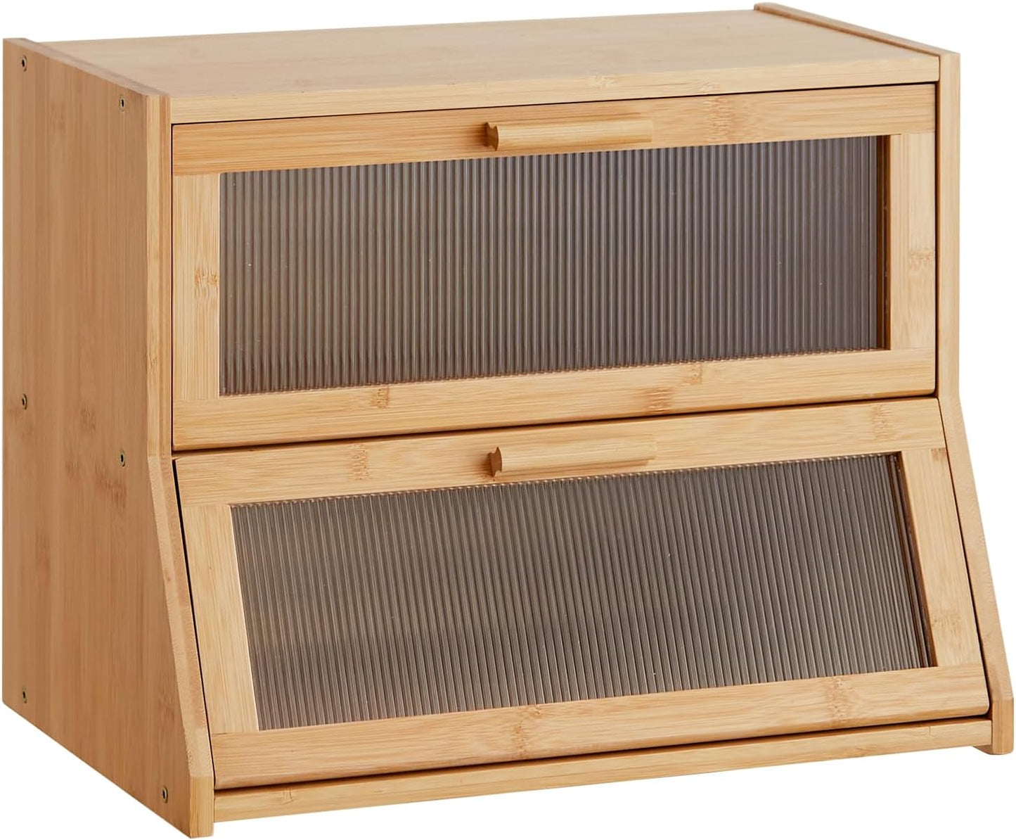 GHWIE Double Layer Bamboo Bread Box for Kitchen Counter,Large Capacity Bread Storage Bin,Bread Container with Acrylic Wavy Door Panel (Natural, Medium)