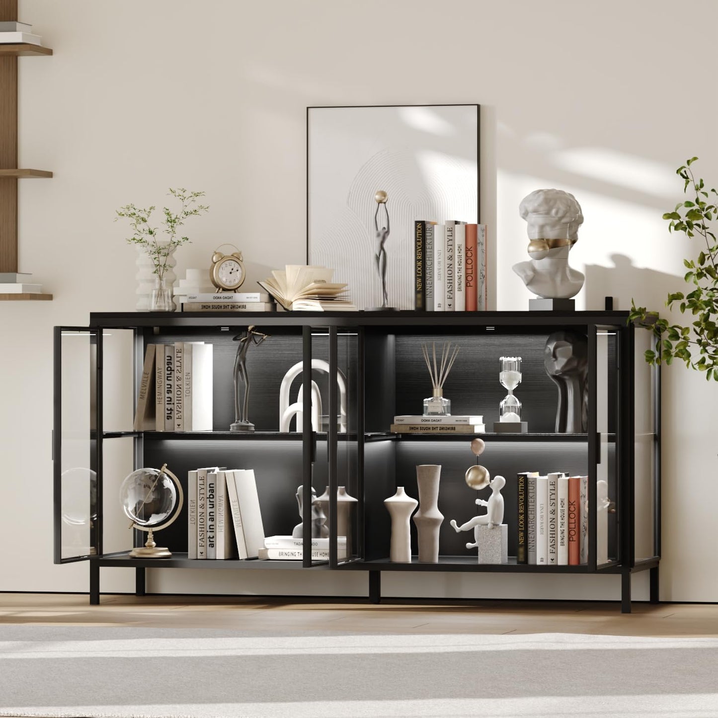 AIEGLE Sideboard Buffet Cabinet with LED Light, Glass Doors & Storage Shelves, 55" W Modern Wood Grain Display Storage Cabinet with Metal Frame for Living Room, Black