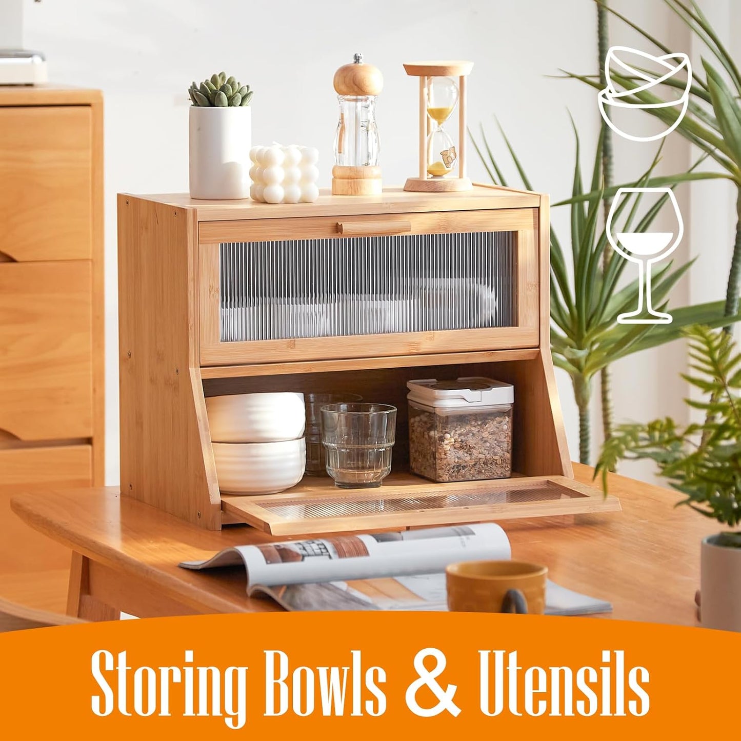 GHWIE Double Layer Bamboo Bread Box for Kitchen Counter,Large Capacity Bread Storage Bin,Bread Container with Acrylic Wavy Door Panel (Natural, Medium)