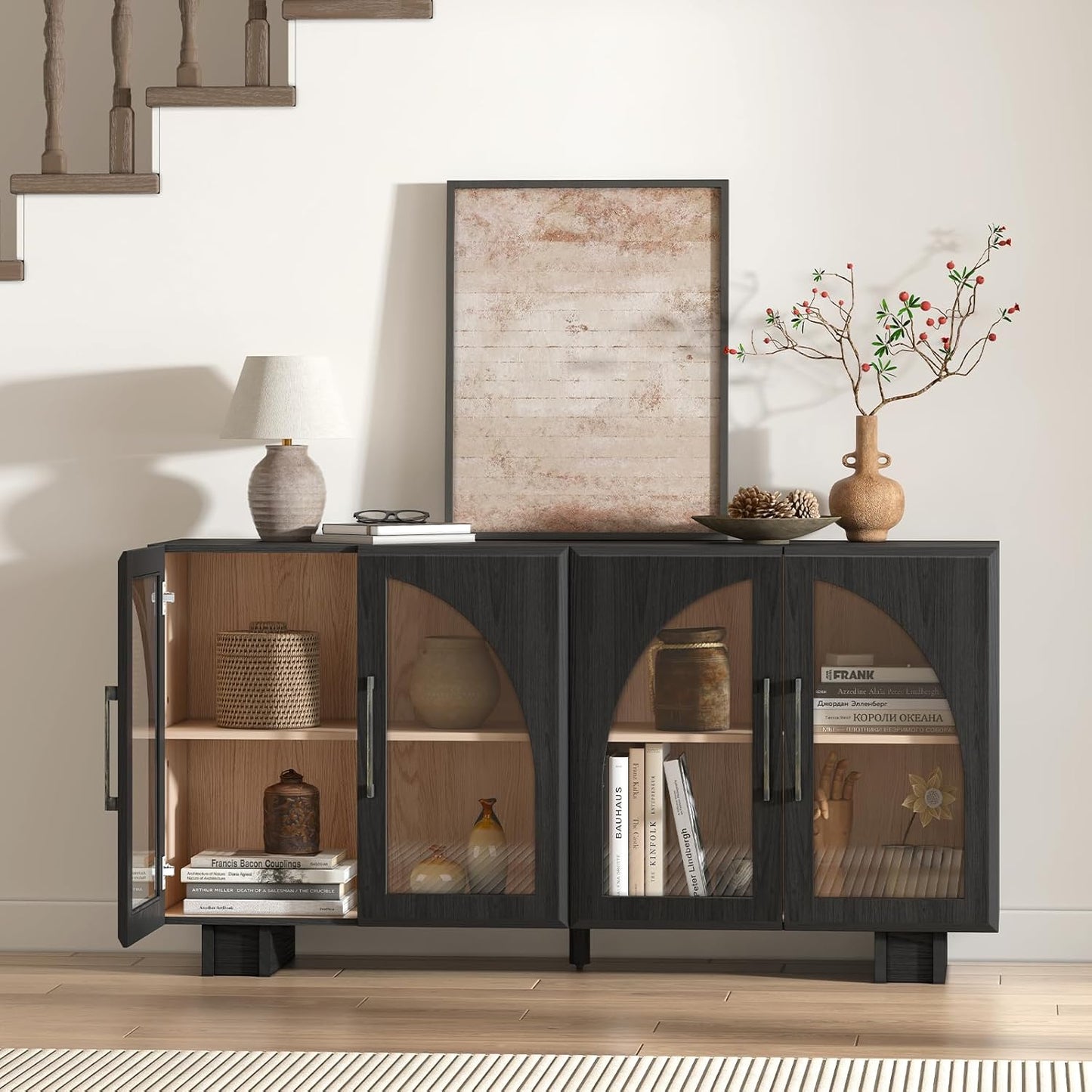 Sideboard Buffet Cabinet with Storage, 63" Large Arched Cabinet with Glass Doors, Mid Century Modern Buffet Table, Black Side Board for Living Room, Entryway, Kitchen