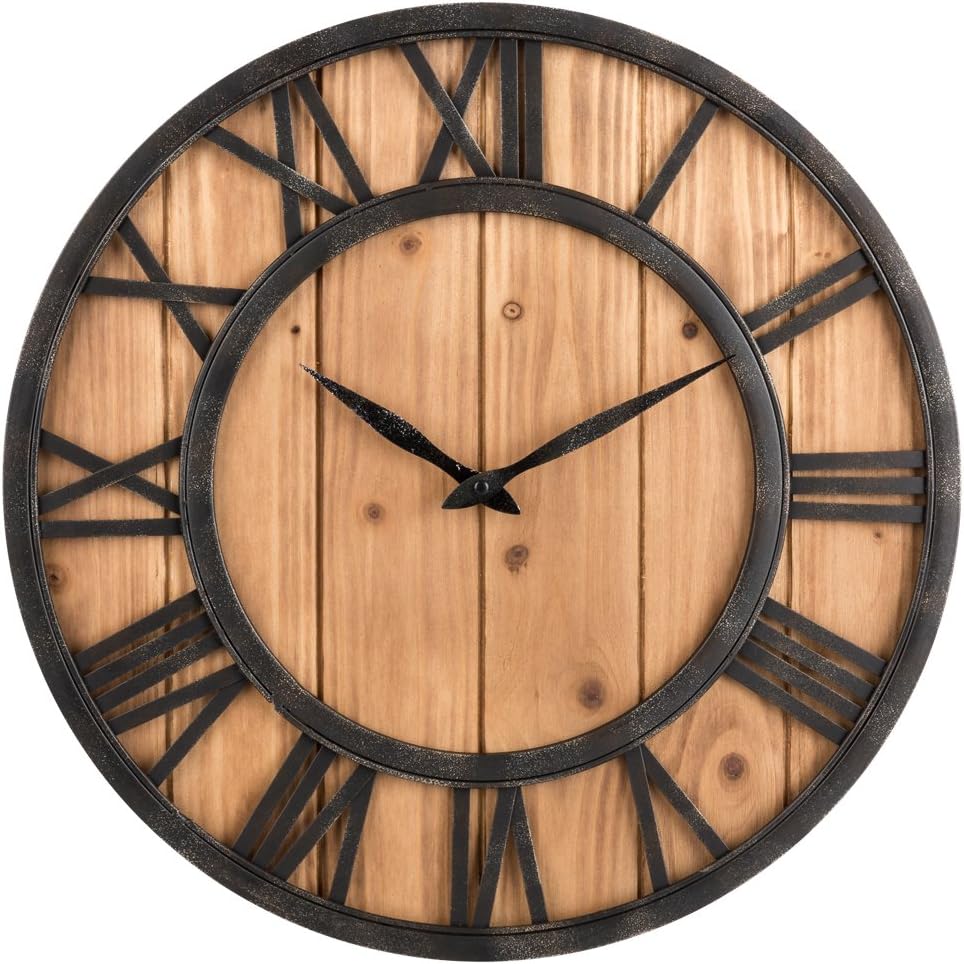 Oldtown Rustic Farmhouse Metal & Solid Wood Noiseless Wall Clock (Wood, 30-inch)