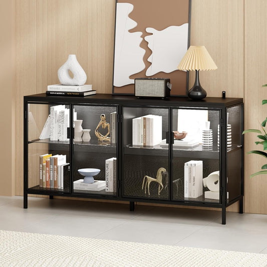 FUFU&GAGA Sideboard Buffet with LED Lights, Glass Doors, Modern Display Cabinet with Glass Shelves, Black Cupboard Credenza with Metal Legs, for Living Room Kitchen, 55.1”W x 15.7”D x 29.5”H