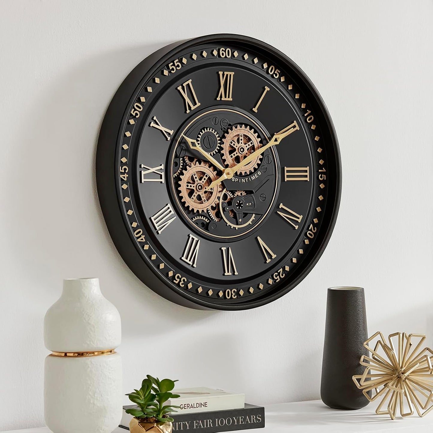 CLXEAST 24 Inch Wall Clock with Moving Gears,Oversized Large Industrial Steampunk Clock, Antique Gold Metal Roman Numeral Wall Clocks for Farmhouse Living Room Decor