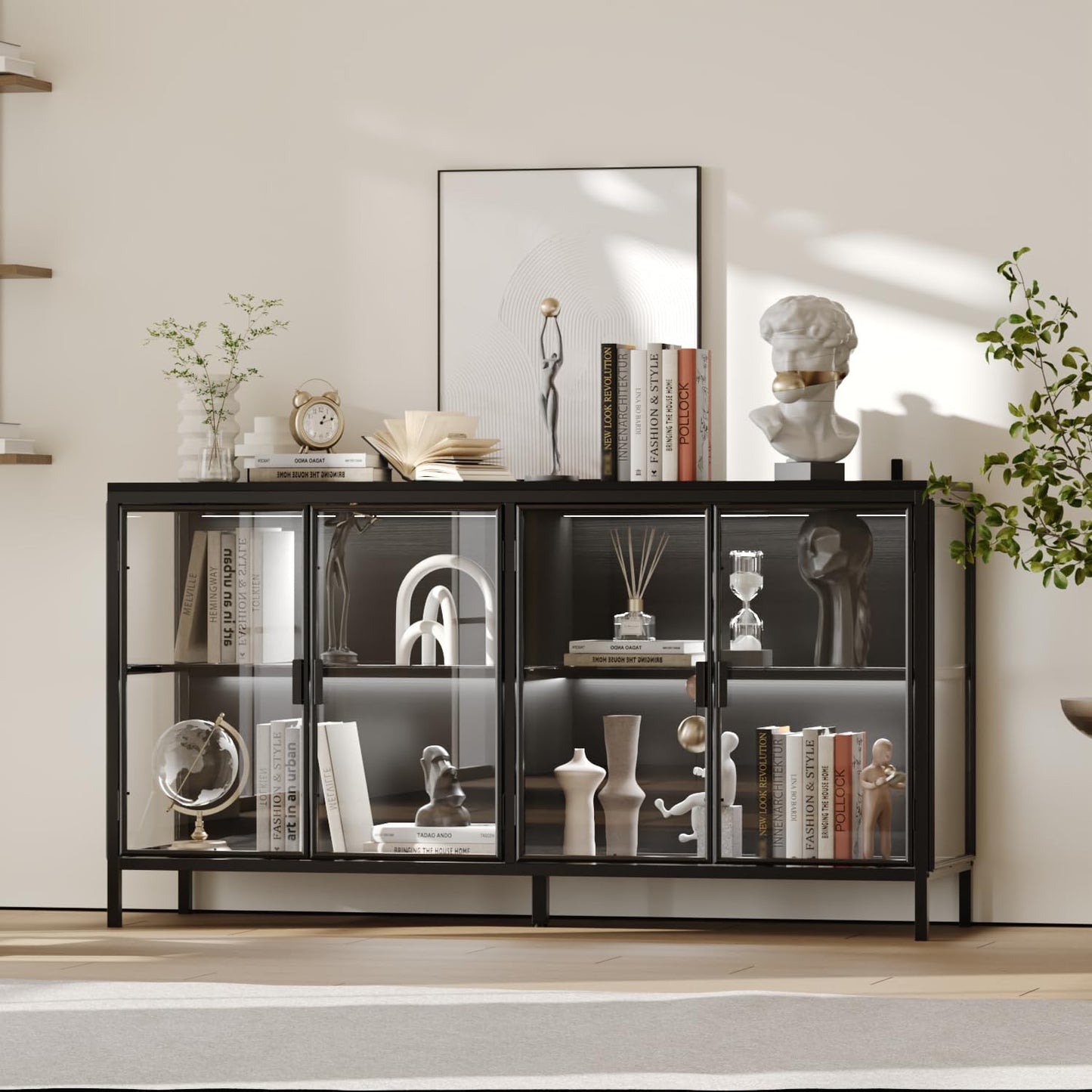 AIEGLE Sideboard Buffet Cabinet with LED Light, Glass Doors & Storage Shelves, 55" W Modern Wood Grain Display Storage Cabinet with Metal Frame for Living Room, Black