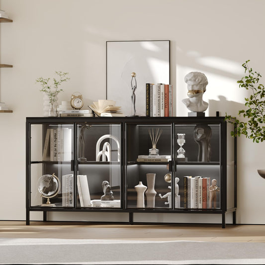 AIEGLE Sideboard Buffet Cabinet with LED Light, Glass Doors & Storage Shelves, 55" W Modern Wood Grain Display Storage Cabinet with Metal Frame for Living Room, Black