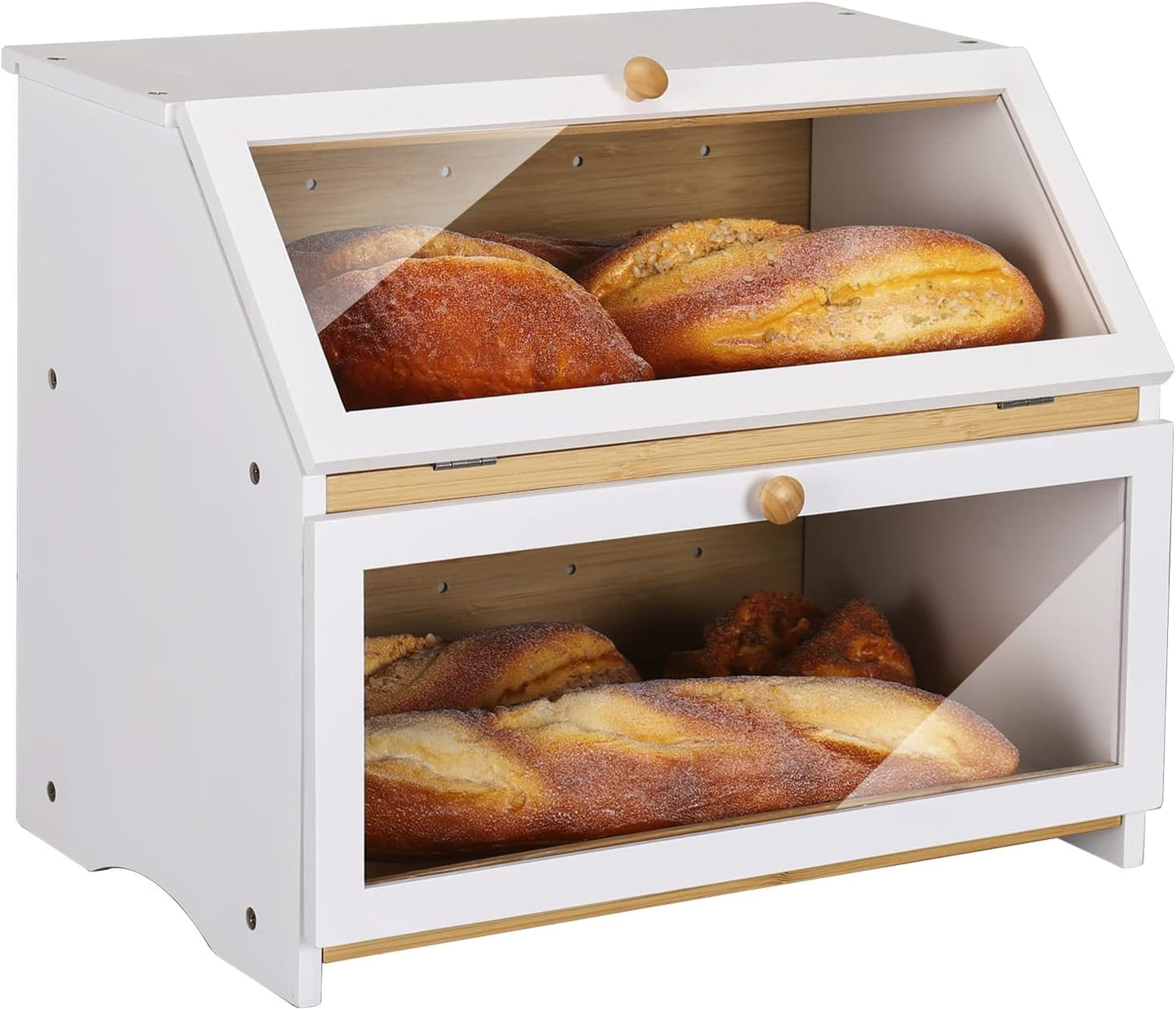 HOMEKOKO Double Layer Large Bread Box for Kitchen Counter, Wooden Large Capacity Bread Storage Bin (Natural Bamboo)