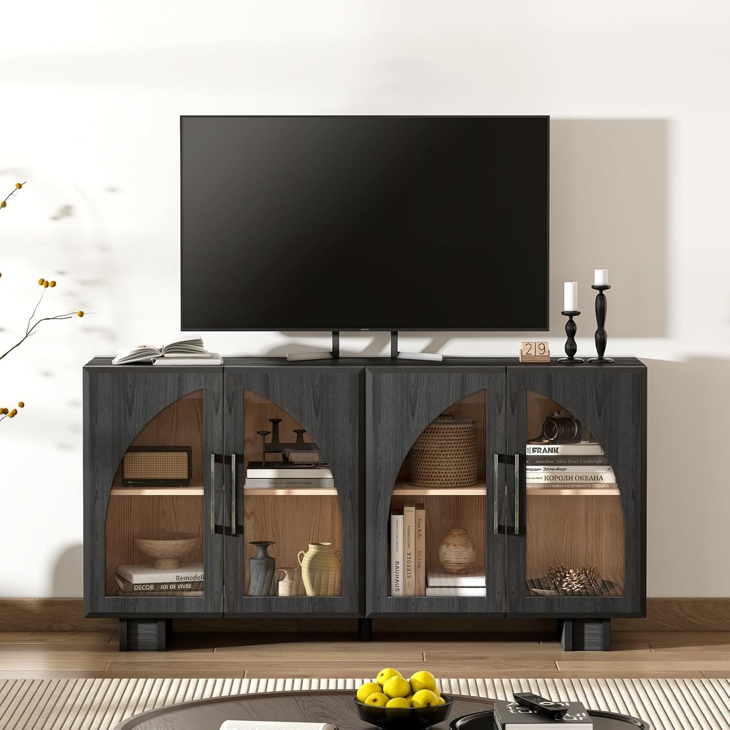 Sideboard Buffet Cabinet with Storage, 63" Large Arched Cabinet with Glass Doors, Mid Century Modern Buffet Table, Black Side Board for Living Room, Entryway, Kitchen