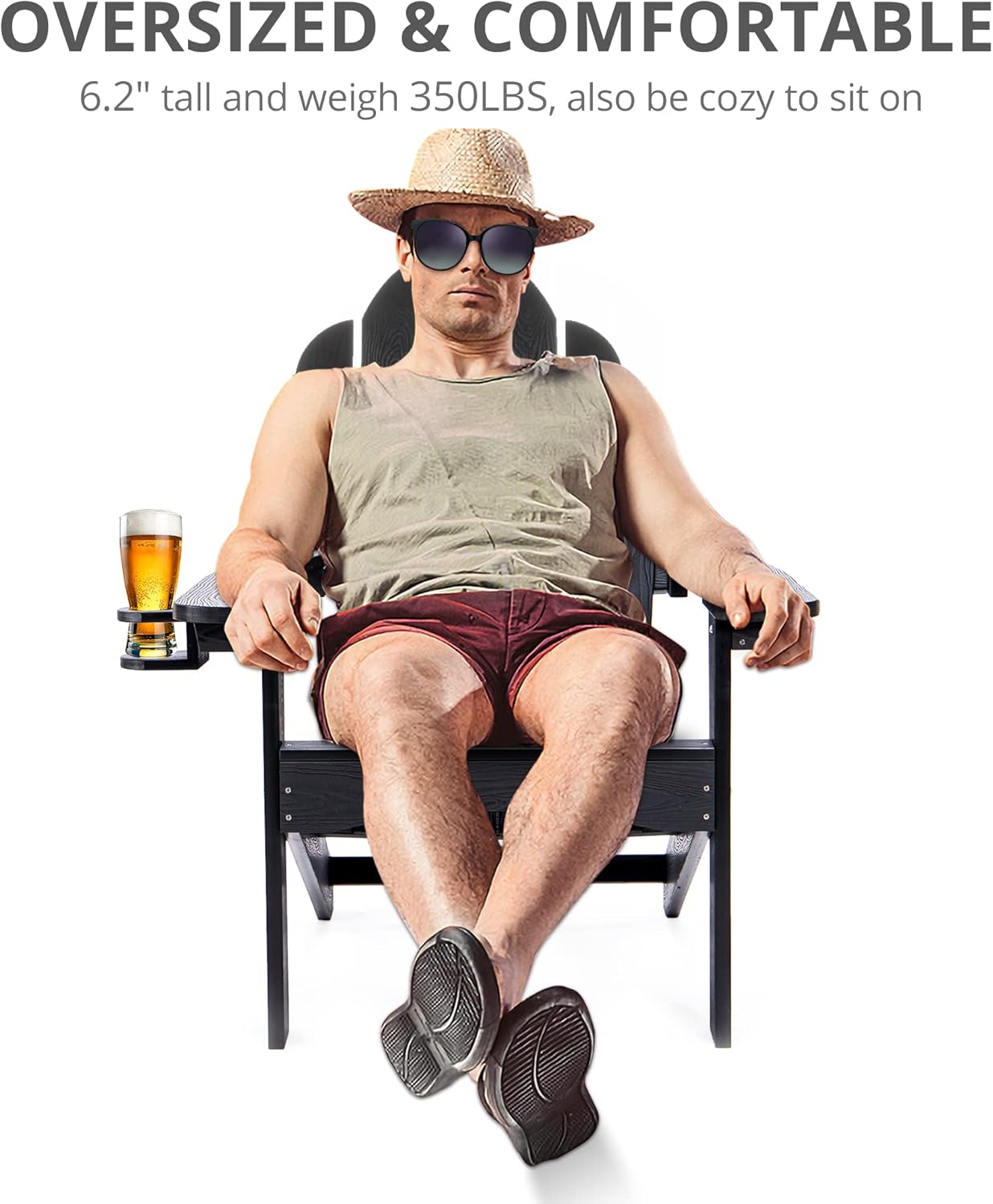 LUE BONA HDPS Adirondack Chairs Set of 4, Fire Pit Outdoor Chair Weather Resistant with Cup Holder, Modern Plastic Chair Plastic for Patio, Deck, Proch, Hotel, Resort, 350LBS, Black