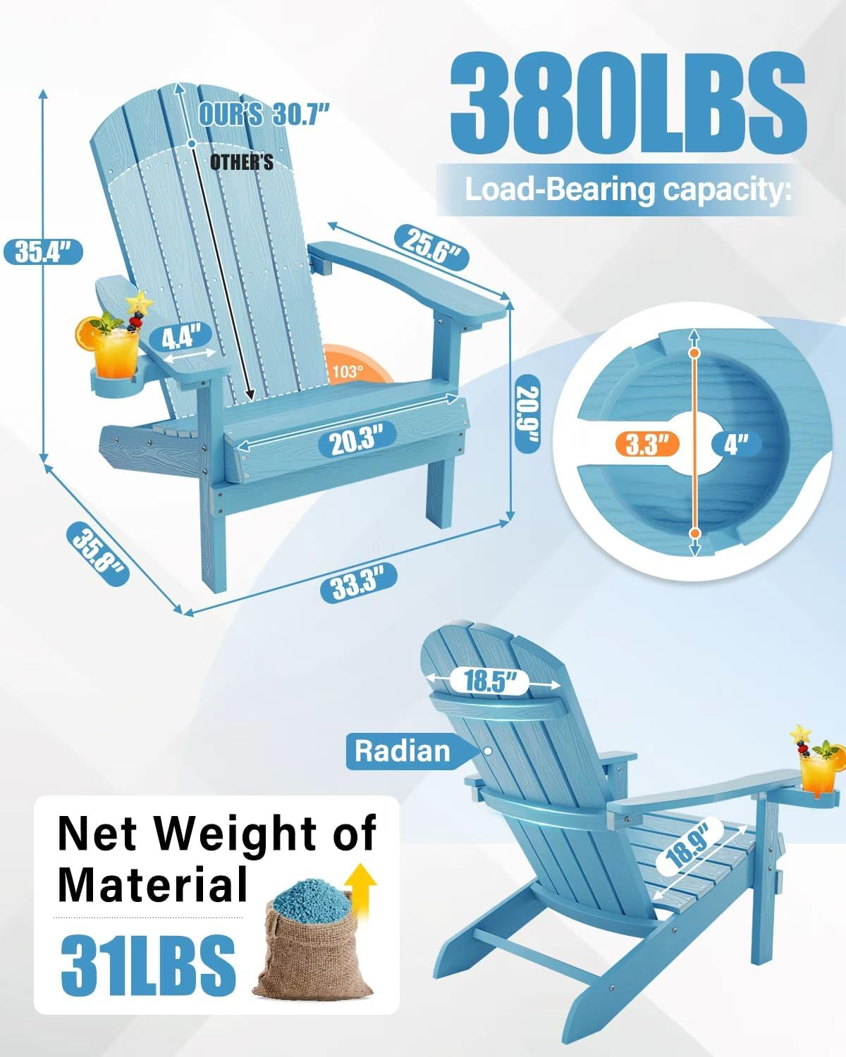 YEFU Adirondack Chairs Set of 2 Plastic Weather Resistant, Outdoor Chairs with Cup Holder, Like Real Wood, Widely Used in Outdoor, Patio, Fire Pit, Deck, Outside, Campfire Chairs (Blue)