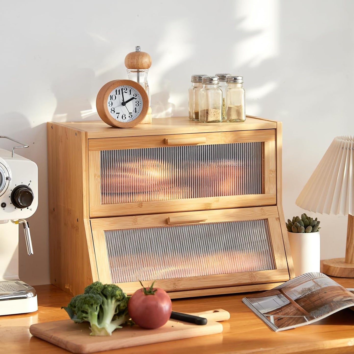 GHWIE Double Layer Bamboo Bread Box for Kitchen Counter,Large Capacity Bread Storage Bin,Bread Container with Acrylic Wavy Door Panel (Natural, Medium)