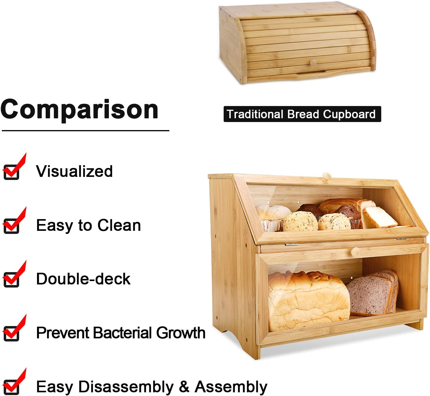 HOMEKOKO Double Layer Large Bread Box for Kitchen Counter, Wooden Large Capacity Bread Storage Bin (Natural Bamboo)