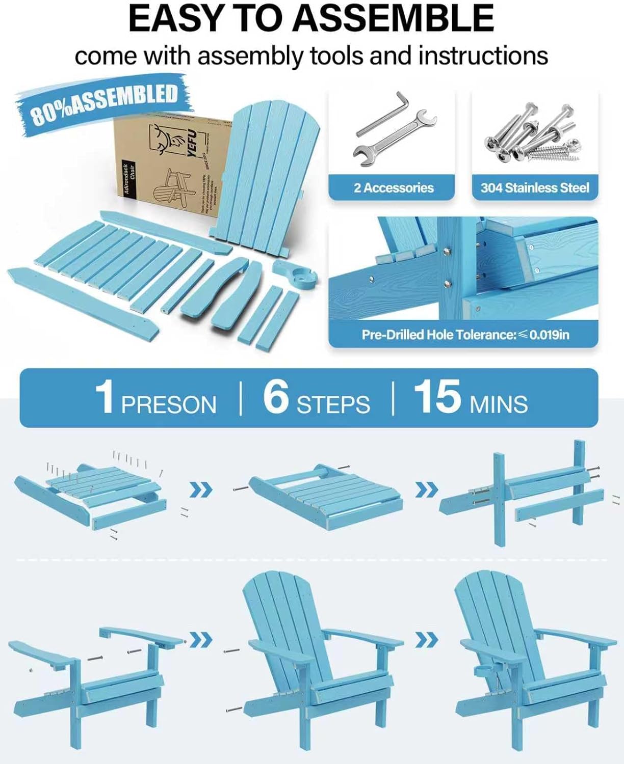 YEFU Adirondack Chairs Set of 2 Plastic Weather Resistant, Outdoor Chairs with Cup Holder, Like Real Wood, Widely Used in Outdoor, Patio, Fire Pit, Deck, Outside, Campfire Chairs (Blue)