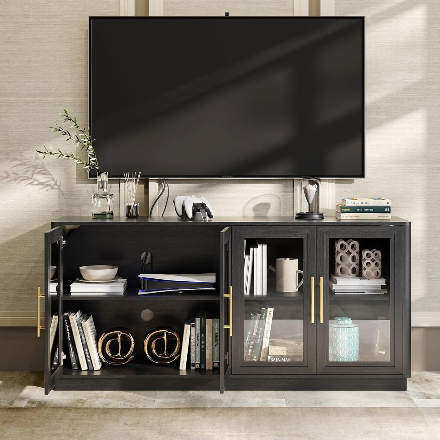 Buffet Cabinet with Storage,63" Large Dining Room Furniture Sideboard Buffet Table with 4 Glass Doors, Glass Display Cabinet,for Kitchen,Modern, Black