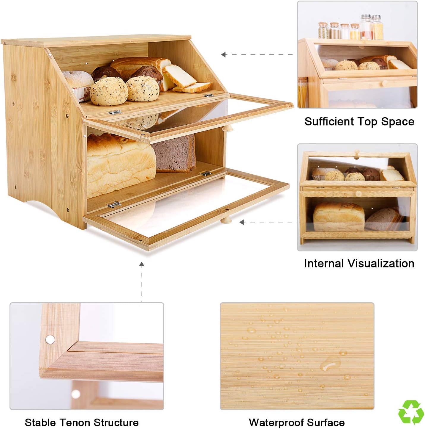 HOMEKOKO Double Layer Large Bread Box for Kitchen Counter, Wooden Large Capacity Bread Storage Bin (Natural Bamboo)