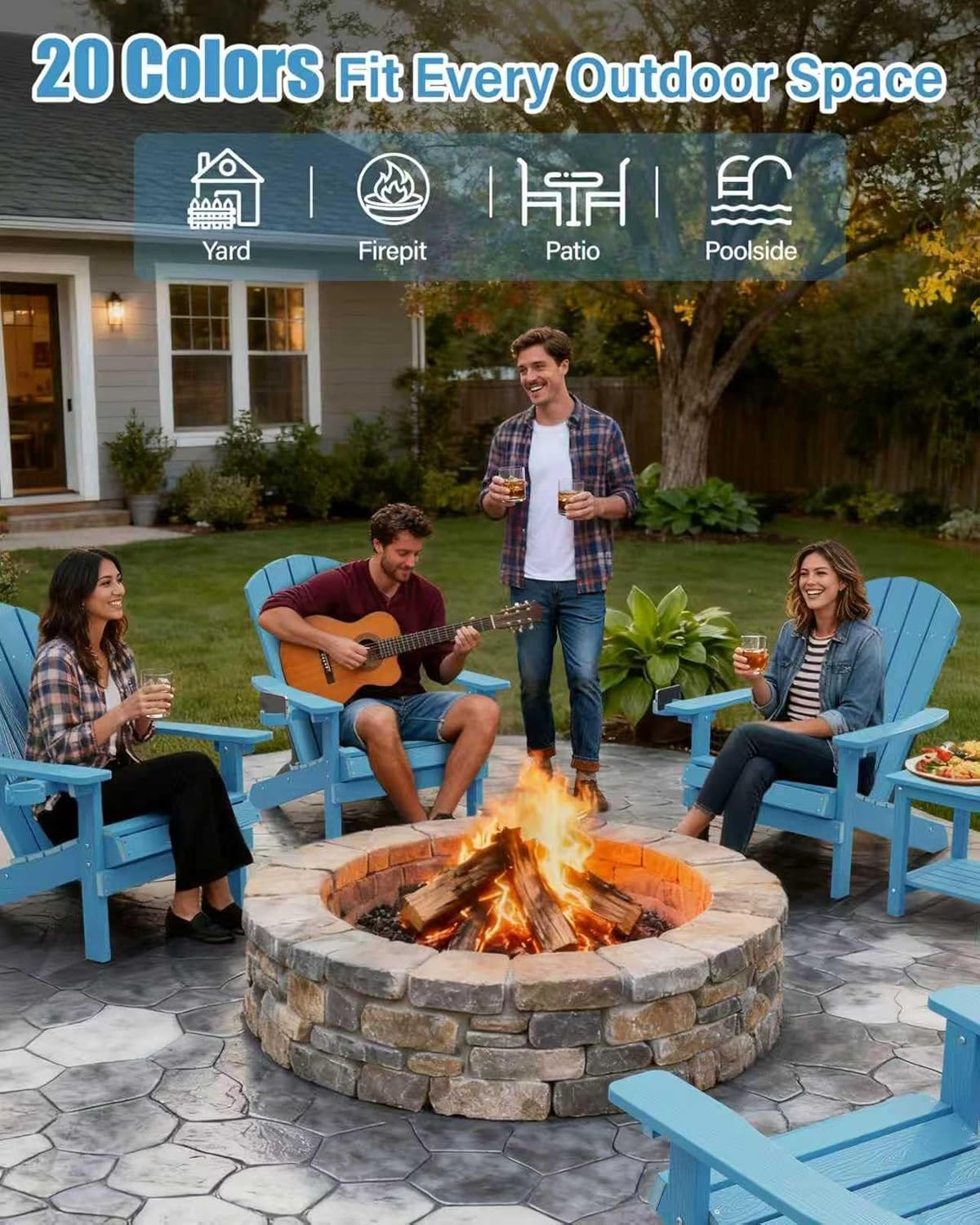 YEFU Adirondack Chairs Set of 2 Plastic Weather Resistant, Outdoor Chairs with Cup Holder, Like Real Wood, Widely Used in Outdoor, Patio, Fire Pit, Deck, Outside, Campfire Chairs (Blue)