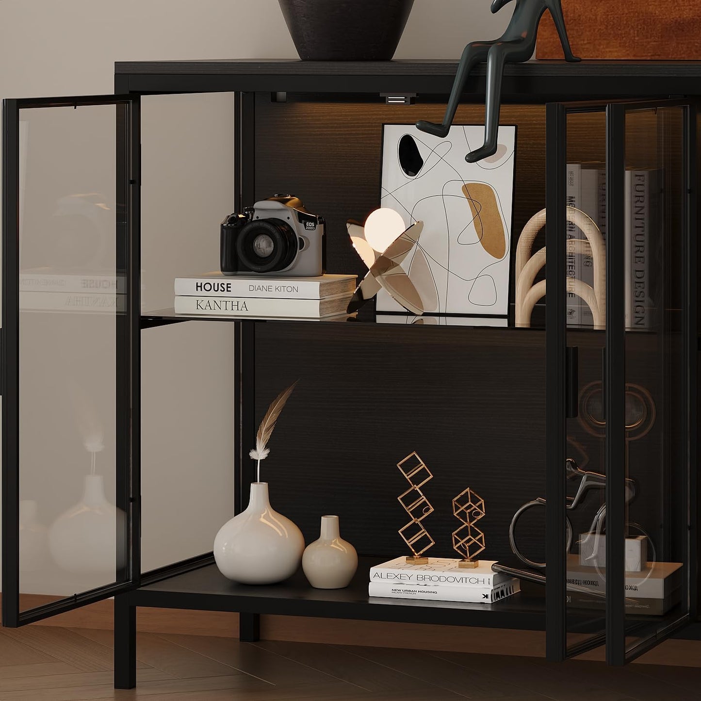 AIEGLE Sideboard Buffet Cabinet with LED Light, Glass Doors & Storage Shelves, 55" W Modern Wood Grain Display Storage Cabinet with Metal Frame for Living Room, Black