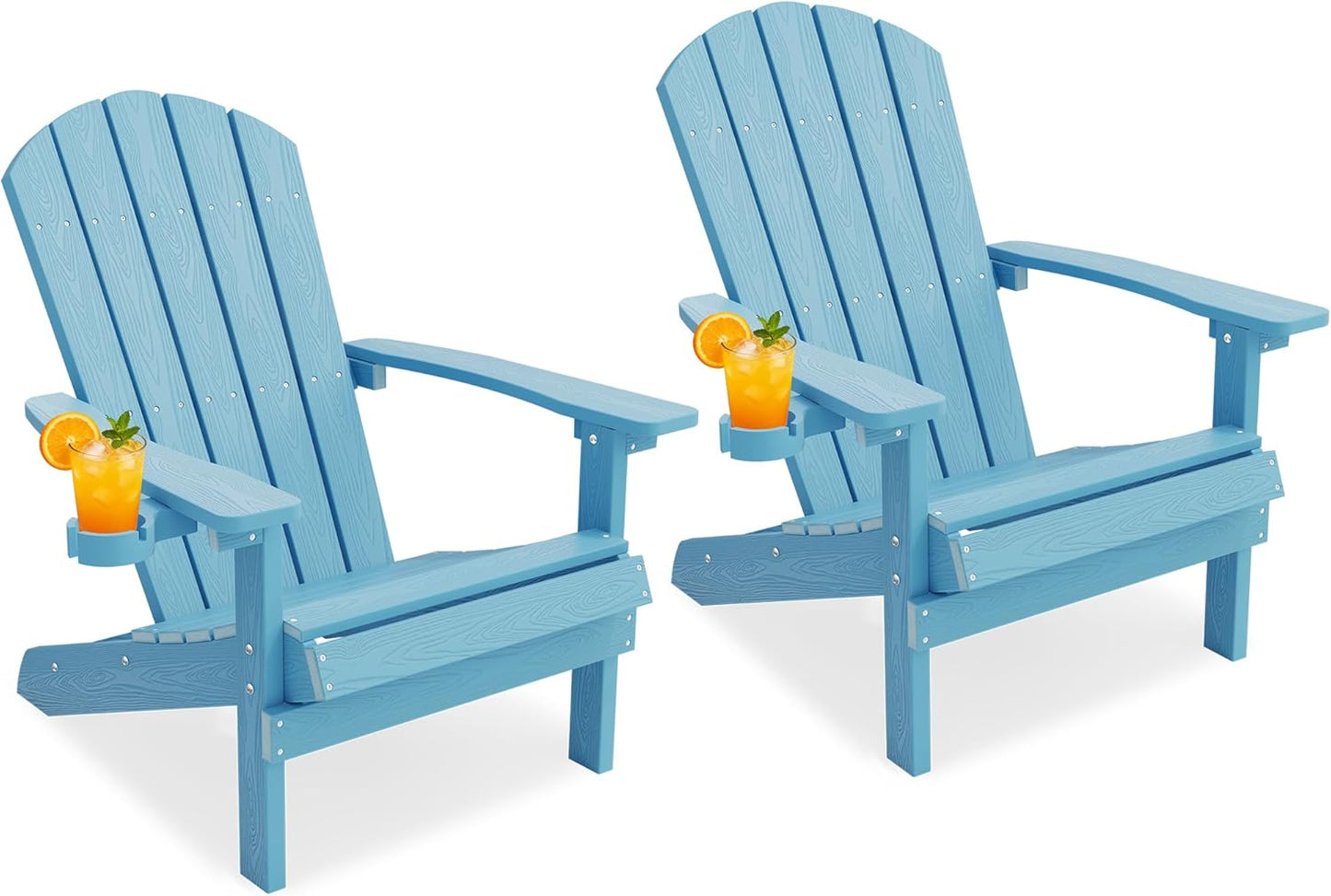 YEFU Adirondack Chairs Set of 2 Plastic Weather Resistant, Outdoor Chairs with Cup Holder, Like Real Wood, Widely Used in Outdoor, Patio, Fire Pit, Deck, Outside, Campfire Chairs (Blue)