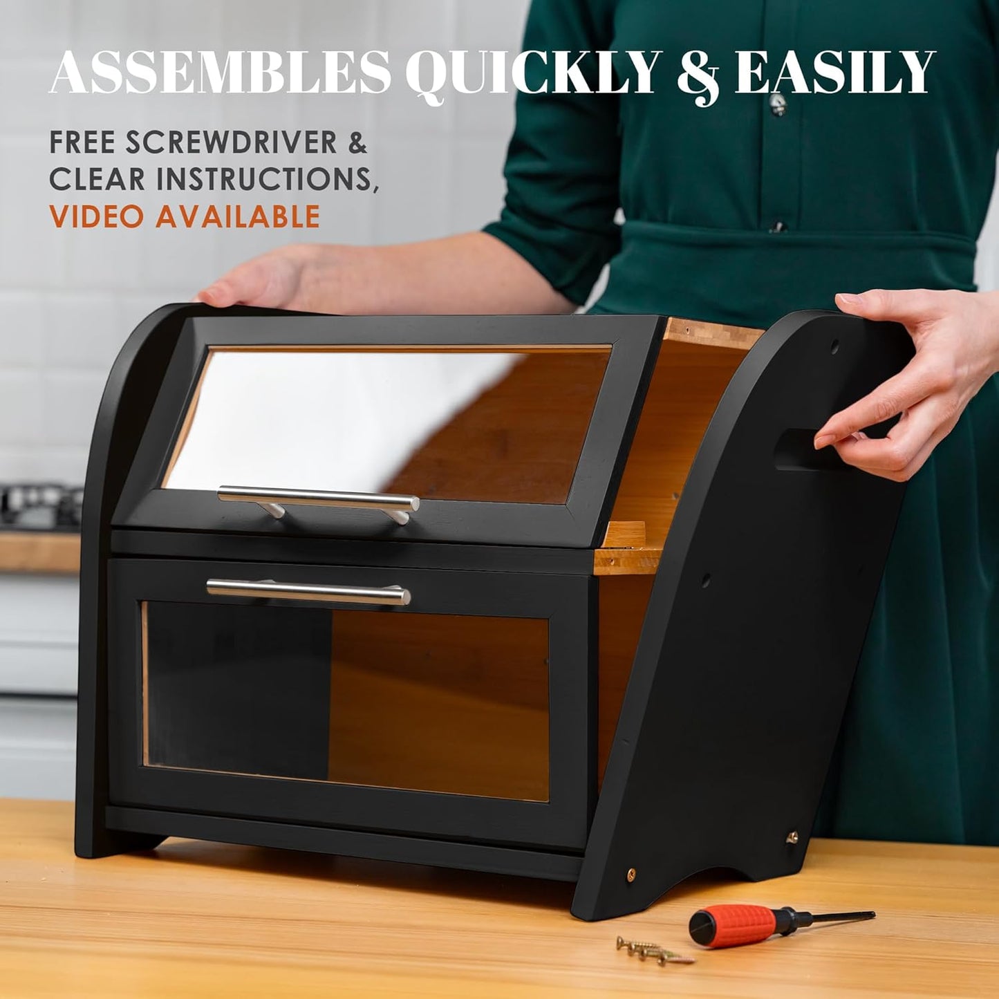 Arise Stylish Bamboo Bread Box for Kitchen Countertop, Extra Large 2-Shelf Wooden Bread Storage Container with Clear Windows and Air Vents Keep Bread, Bagels and Rolls Fresh, Self Assembly