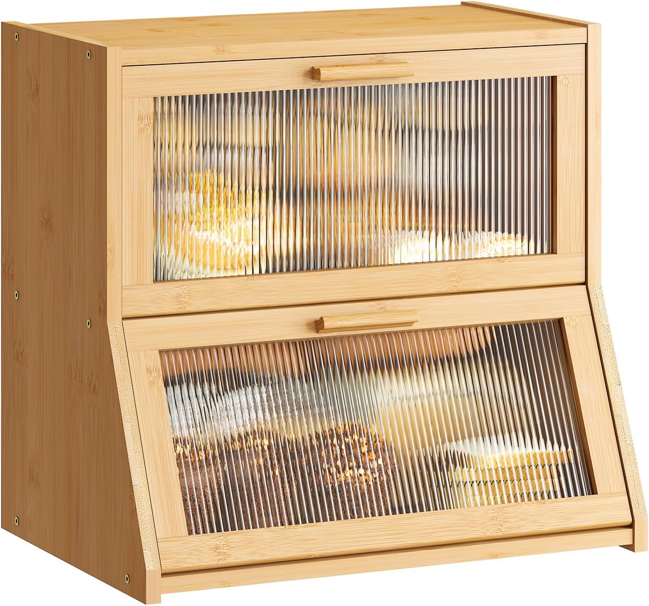 GHWIE Double Layer Bamboo Bread Box for Kitchen Counter,Large Capacity Bread Storage Bin,Bread Container with Acrylic Wavy Door Panel (Natural, Medium)