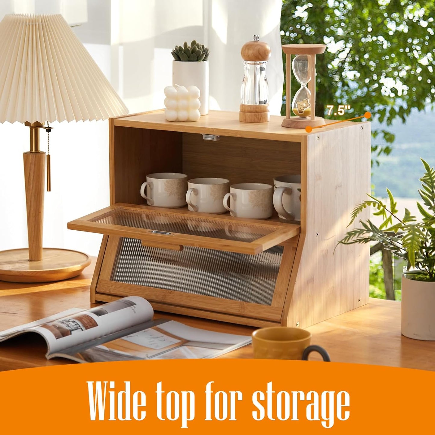 GHWIE Double Layer Bamboo Bread Box for Kitchen Counter,Large Capacity Bread Storage Bin,Bread Container with Acrylic Wavy Door Panel (Natural, Medium)