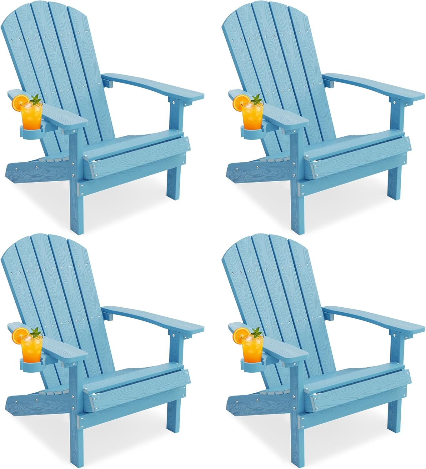 YEFU Adirondack Chairs Set of 2 Plastic Weather Resistant, Outdoor Chairs with Cup Holder, Like Real Wood, Widely Used in Outdoor, Patio, Fire Pit, Deck, Outside, Campfire Chairs (Blue)