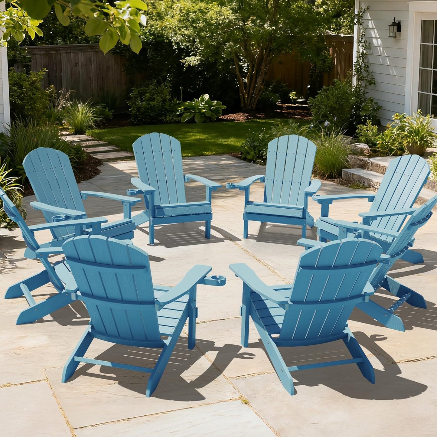 YEFU Adirondack Chairs Set of 2 Plastic Weather Resistant, Outdoor Chairs with Cup Holder, Like Real Wood, Widely Used in Outdoor, Patio, Fire Pit, Deck, Outside, Campfire Chairs (Blue)