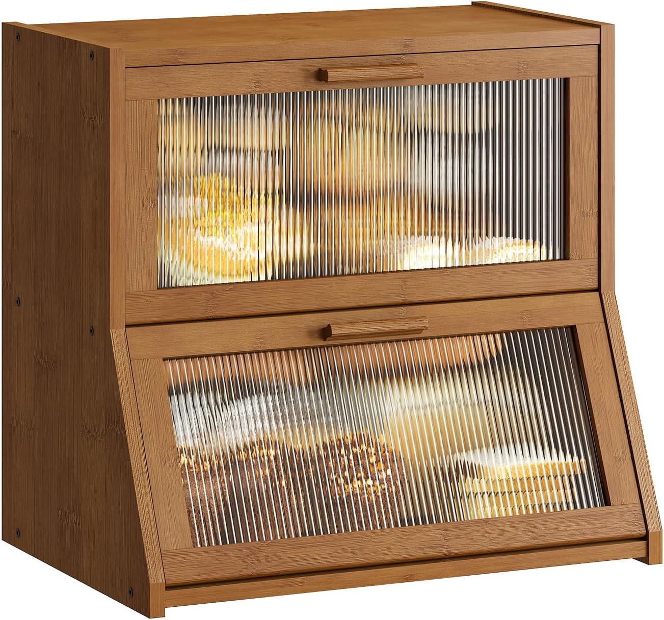 GHWIE Double Layer Bamboo Bread Box for Kitchen Counter,Large Capacity Bread Storage Bin,Bread Container with Acrylic Wavy Door Panel (Natural, Medium)