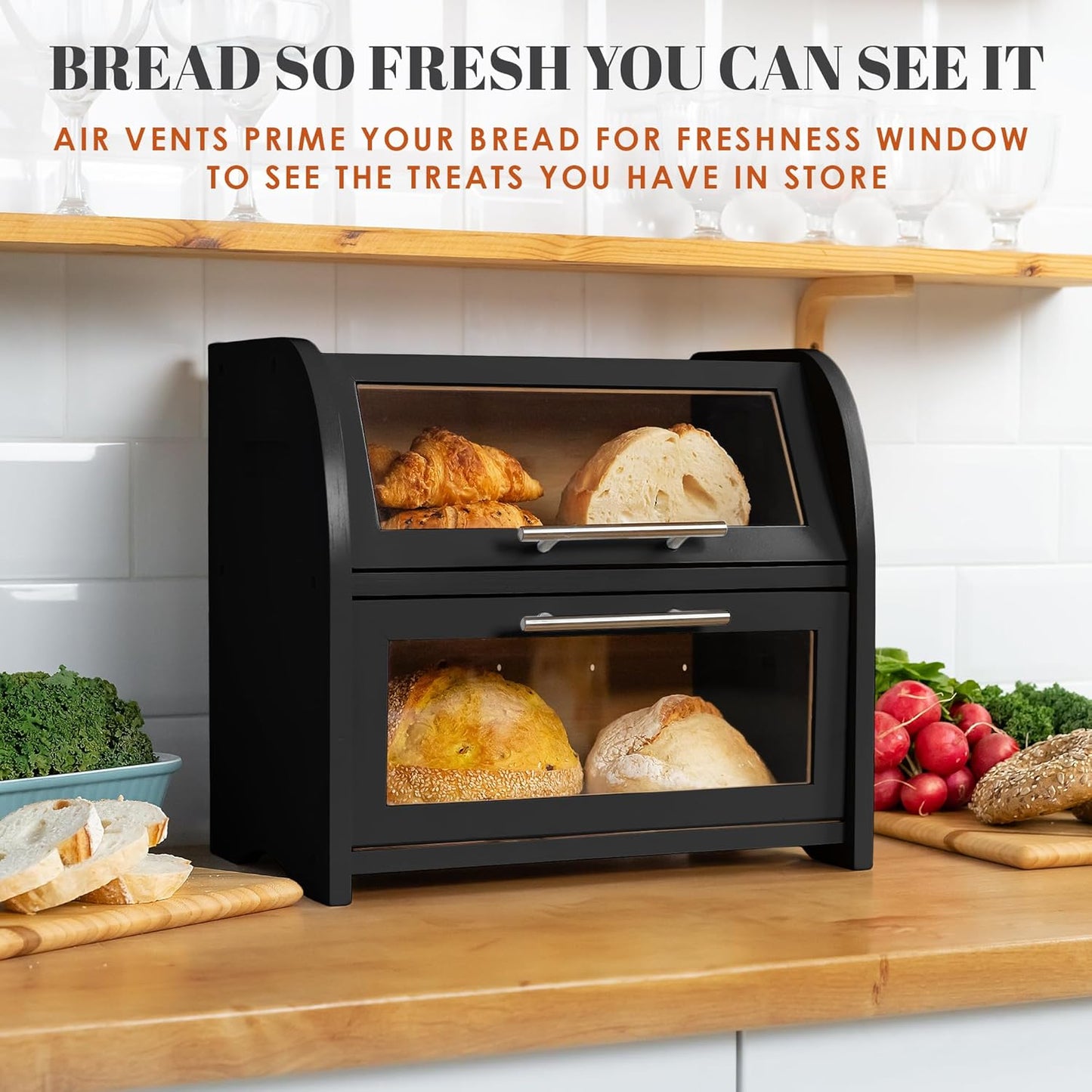 Arise Stylish Bamboo Bread Box for Kitchen Countertop, Extra Large 2-Shelf Wooden Bread Storage Container with Clear Windows and Air Vents Keep Bread, Bagels and Rolls Fresh, Self Assembly