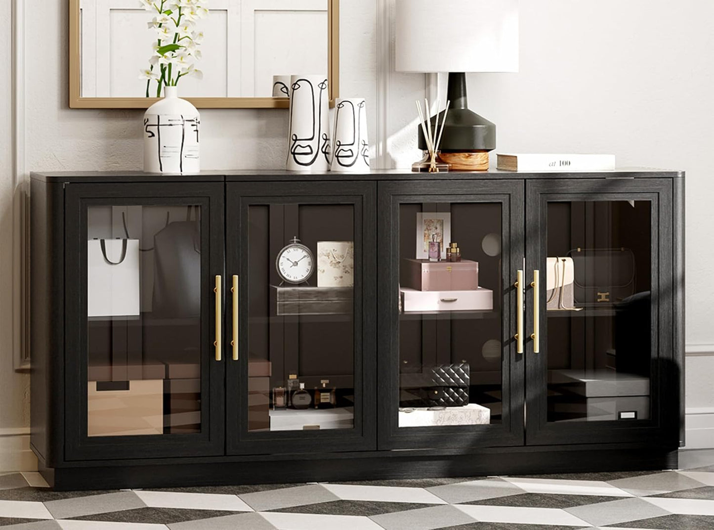 Buffet Cabinet with Storage,63" Large Dining Room Furniture Sideboard Buffet Table with 4 Glass Doors, Glass Display Cabinet,for Kitchen,Modern, Black
