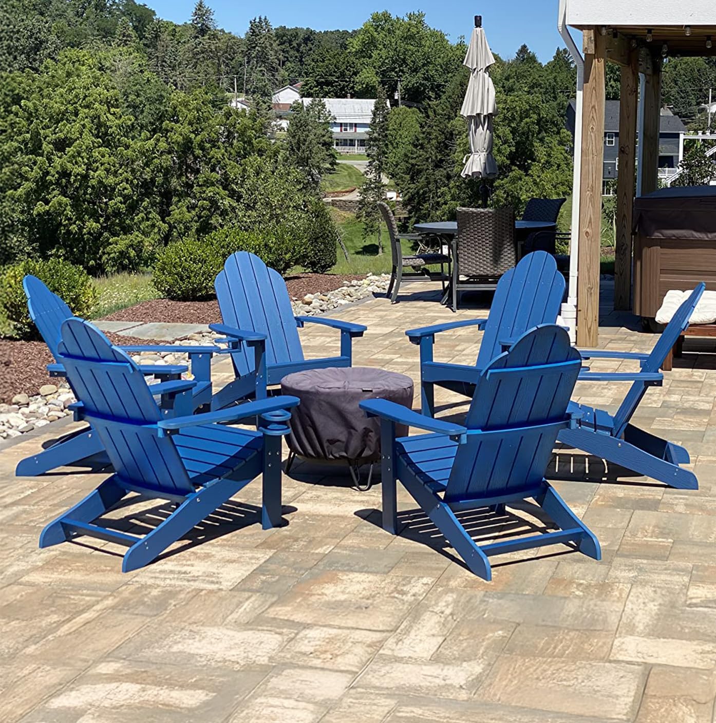 LUE BONA HDPS Adirondack Chairs Set of 4, Fire Pit Outdoor Chair Weather Resistant with Cup Holder, Modern Plastic Chair Plastic for Patio, Deck, Proch, Hotel, Resort, 350LBS, Black