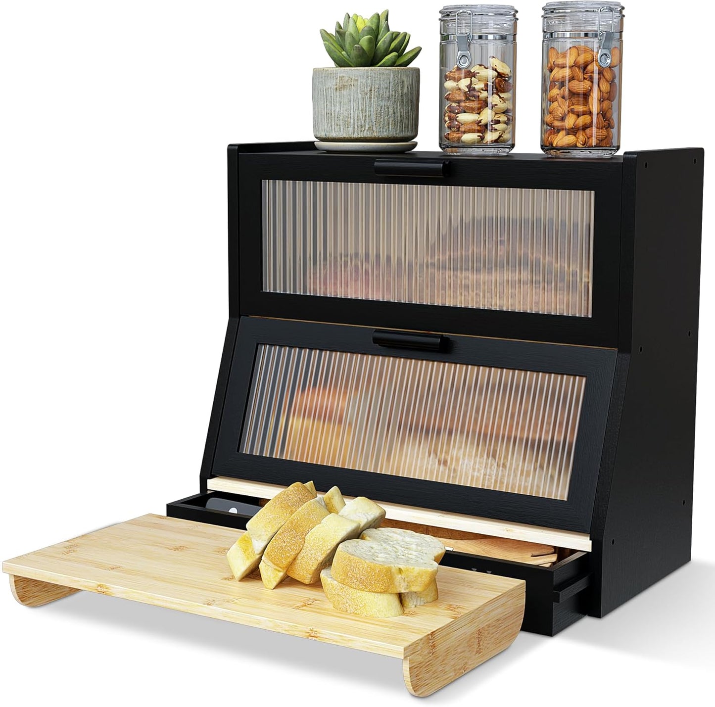 Bread Box for Kitchen Countertop - Bamboo Wood Breadbox with Knife Storage, Ventilation Holes - Farmhouse Loaf Organizer, Versatile 2 Layer Bread Storage Container for Snacks Mugs Spices
