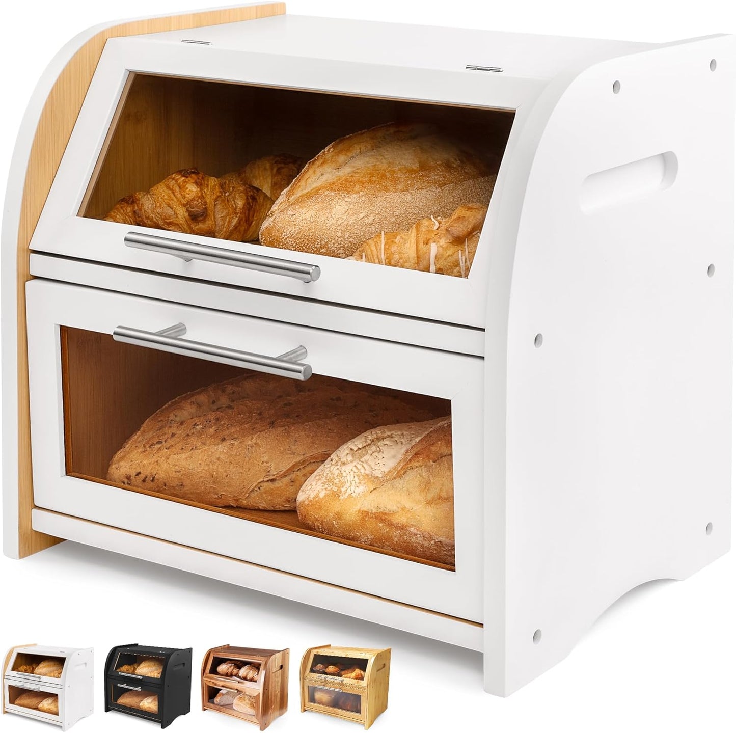 Arise Stylish Bamboo Bread Box for Kitchen Countertop, Extra Large 2-Shelf Wooden Bread Storage Container with Clear Windows and Air Vents Keep Bread, Bagels and Rolls Fresh, Self Assembly