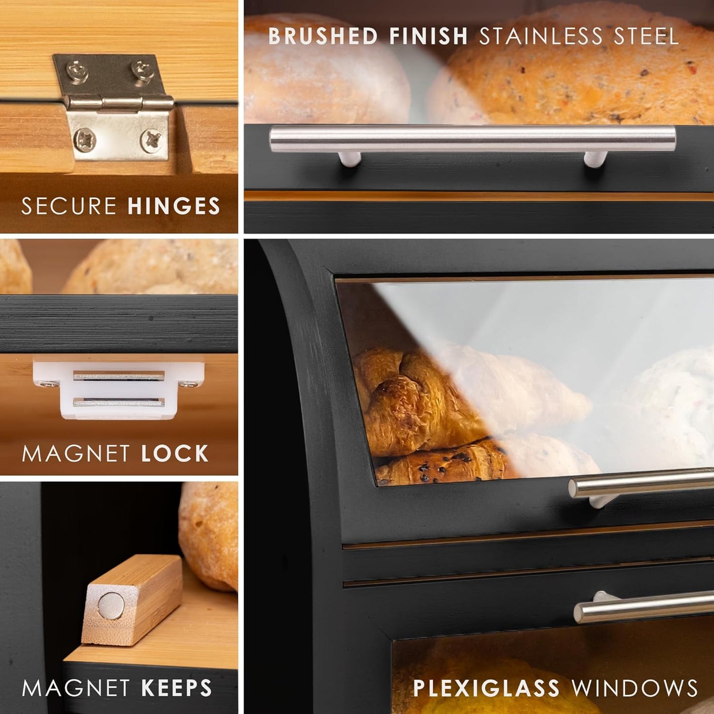 Arise Stylish Bamboo Bread Box for Kitchen Countertop, Extra Large 2-Shelf Wooden Bread Storage Container with Clear Windows and Air Vents Keep Bread, Bagels and Rolls Fresh, Self Assembly