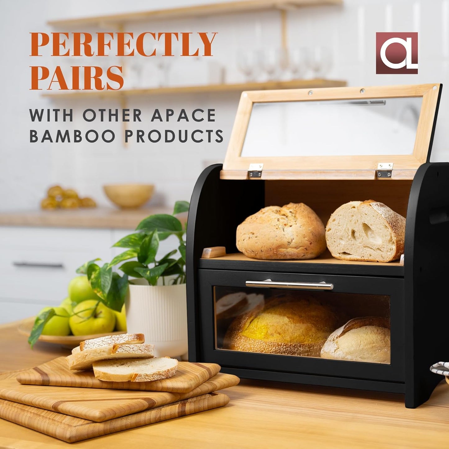 Arise Stylish Bamboo Bread Box for Kitchen Countertop, Extra Large 2-Shelf Wooden Bread Storage Container with Clear Windows and Air Vents Keep Bread, Bagels and Rolls Fresh, Self Assembly